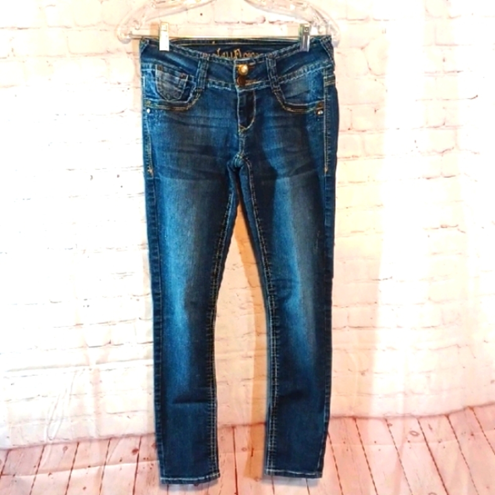 WallFlowerY2K  Low Rise Embroidery Pockets Women's Skinny  Blue Jeans 5